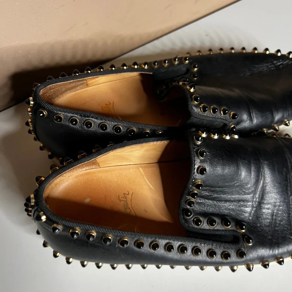 Christian Louboutin Roller Boat Black Leather Spiked‎ Slip On Sneakers 37.5